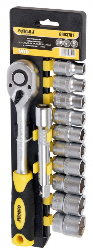 Ключ-трещотка с набором насадок и удлиннителем 12шт CrV mid Sigma 6003701